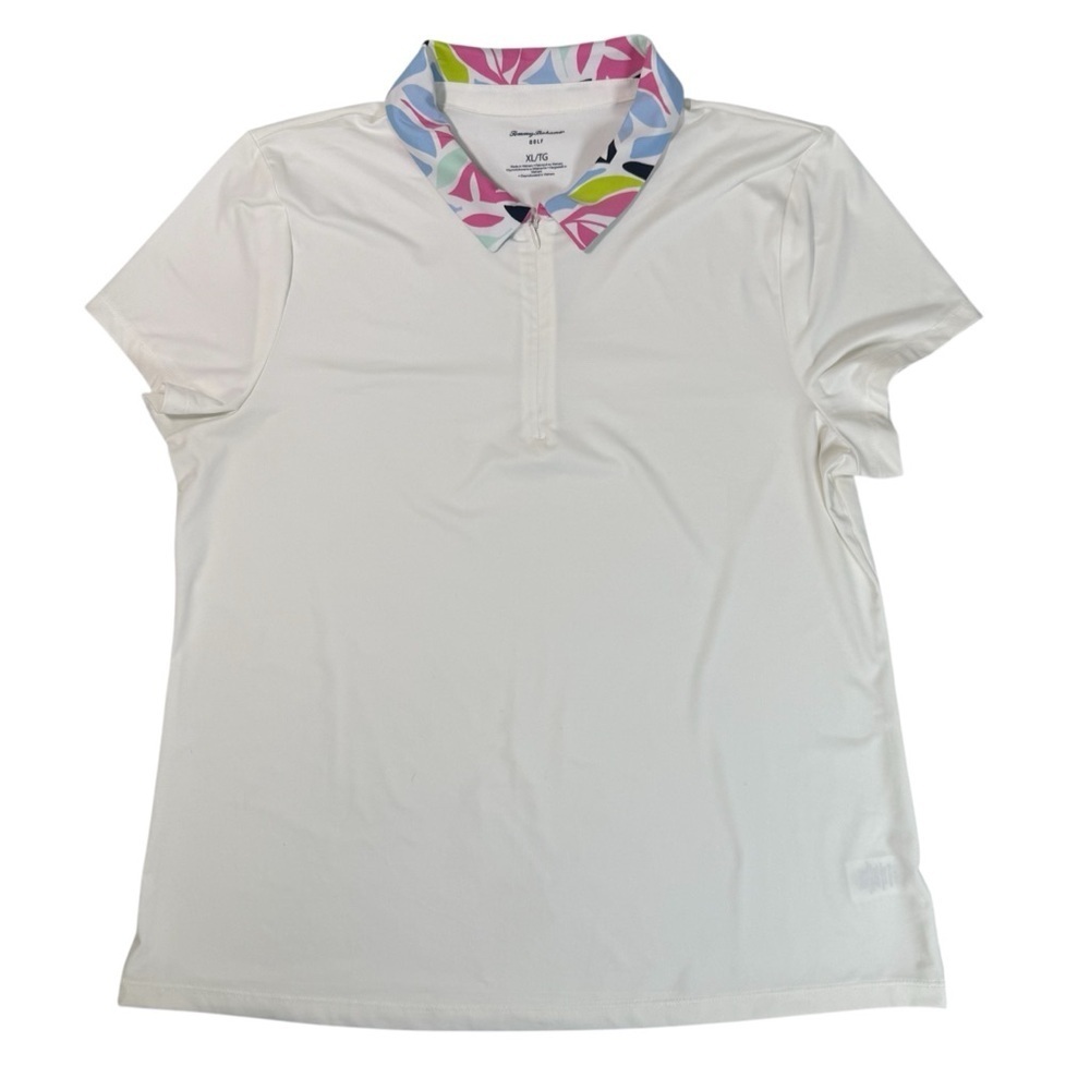 Tommy Bahama White Golf Polo Shirt with Colorful Leaf Collar. Size XL/TG